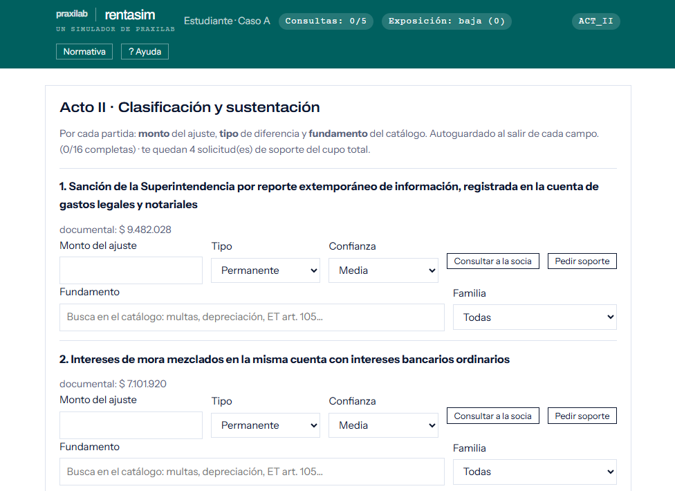 Pantalla del Acto II en RentaSim: por cada partida, campos de monto del ajuste, tipo, confianza y fundamento