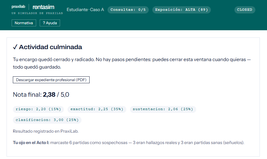 Pantalla de cierre de RentaSim: actividad culminada, botón para descargar el expediente profesional en PDF, nota final y desglose por frente